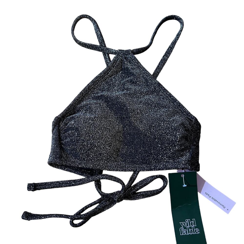 Wild Fable Women's Black Lurex High Neck Halter Bikini Top - Size XS - NWT
